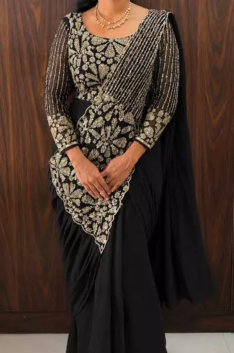 Black embroidered pre-draped saree with designer blouse