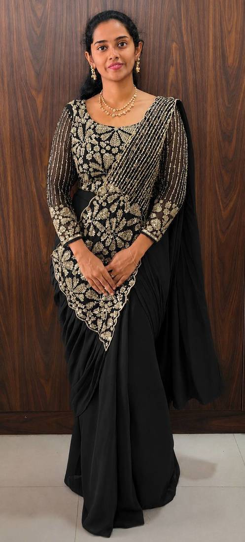 Black embroidered pre-draped saree with designer blouse