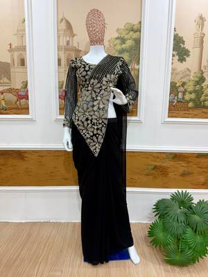 Black embroidered pre-draped saree with designer blouse 2