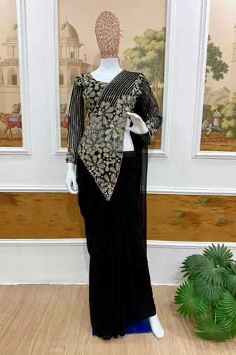 Black embroidered pre-draped saree with designer blouse