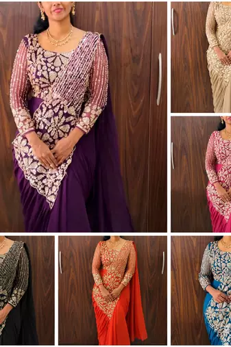 Blue embroidered pre-draped saree with designer blouse