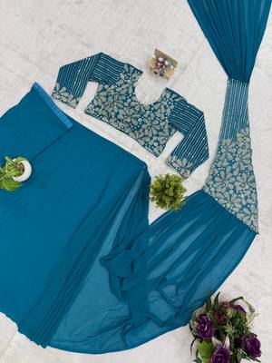 Blue embroidered pre-draped saree with designer blouse 4