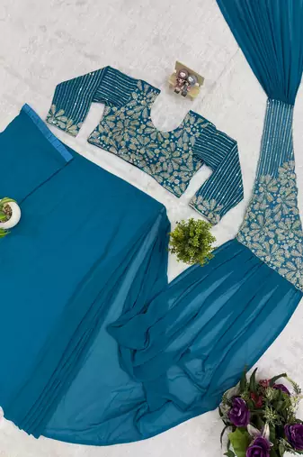 Blue embroidered pre-draped saree with designer blouse
