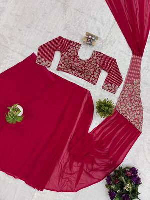 Hot pink embroidered pre-draped saree with designer blouse 3