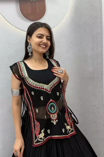 Black Color Plain Work Khadi cotton Navratri Lahenga Choli Strug Set