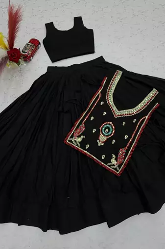 Black Color Plain Work Khadi cotton Navratri Lahenga Choli Strug Set