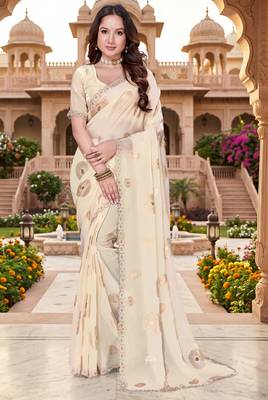 Sequin embroidered work satin foil printed cream saree 1