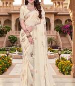 Sequin embroidered work satin foil printed cream saree