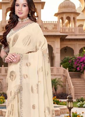 Sequin embroidered work satin foil printed cream saree 2
