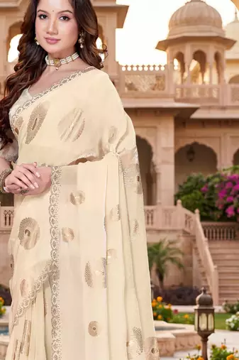 Sequin embroidered work satin foil printed cream saree