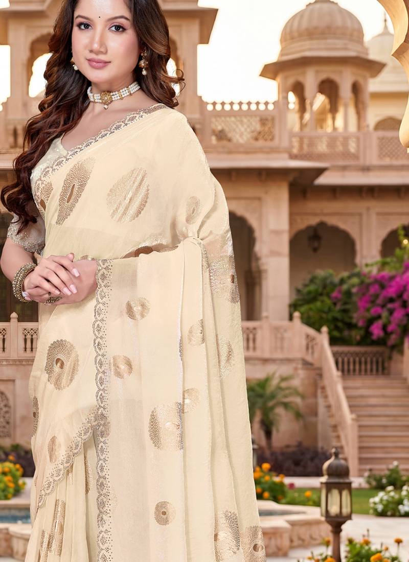 Sequin embroidered work satin foil printed cream saree