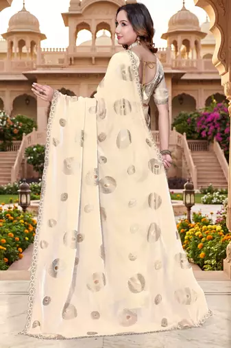 Sequin embroidered work satin foil printed cream saree