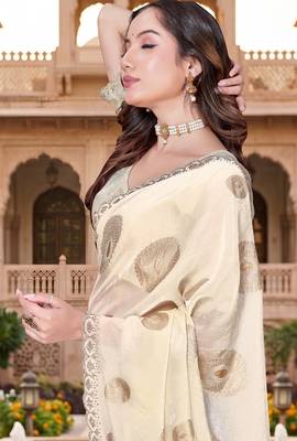 Sequin embroidered work satin foil printed cream saree 4
