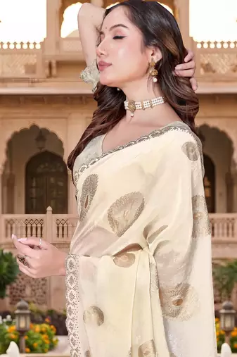Sequin embroidered work satin foil printed cream saree