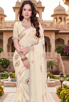 Sequin embroidered work satin foil printed cream saree 5