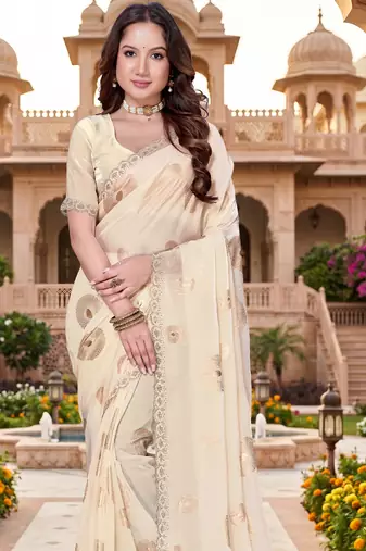 Sequin embroidered work satin foil printed cream saree