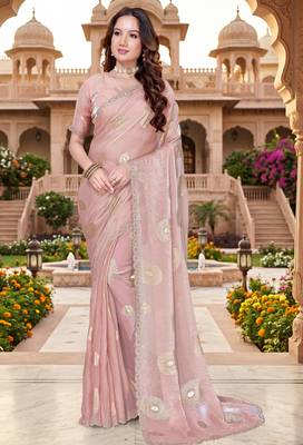 Sequin embroidered work satin foil printed peach saree 1