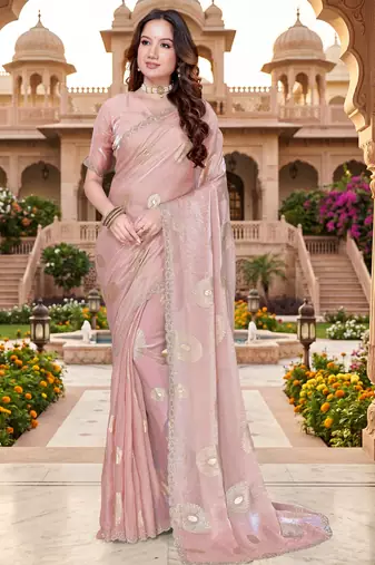 Sequin embroidered work satin foil printed peach saree