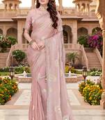 Sequin embroidered work satin foil printed peach saree