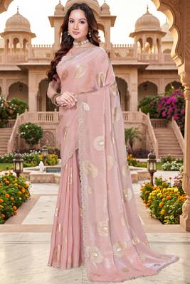 Sequin embroidered work satin foil printed peach saree 2
