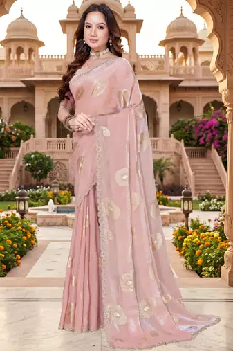 Sequin embroidered work satin foil printed peach saree