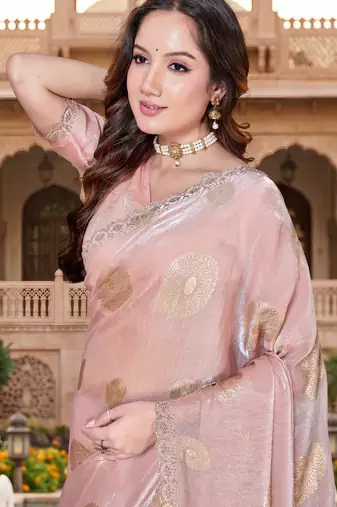 Sequin embroidered work satin foil printed peach saree