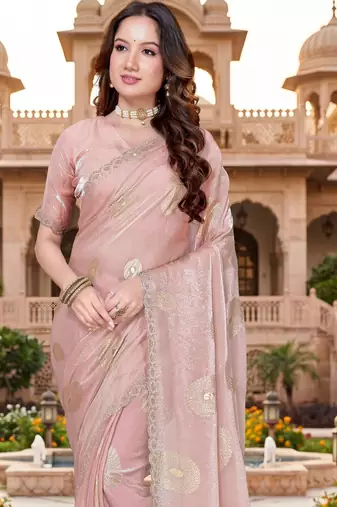Sequin embroidered work satin foil printed peach saree