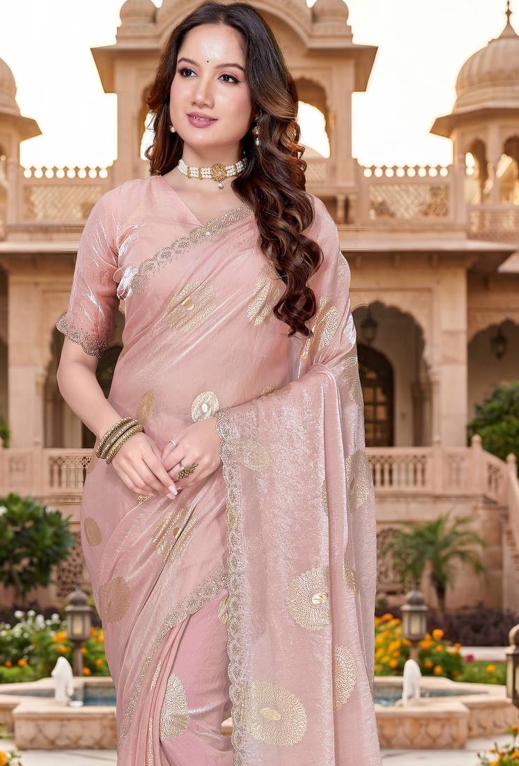 Sequin embroidered work satin foil printed peach saree