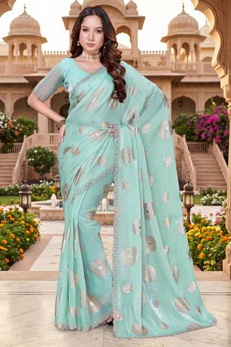 Sequin embroidered work satin foil printed sky blue  saree