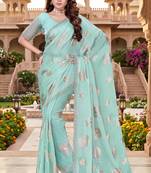 Sequin embroidered work satin foil printed sky blue  saree