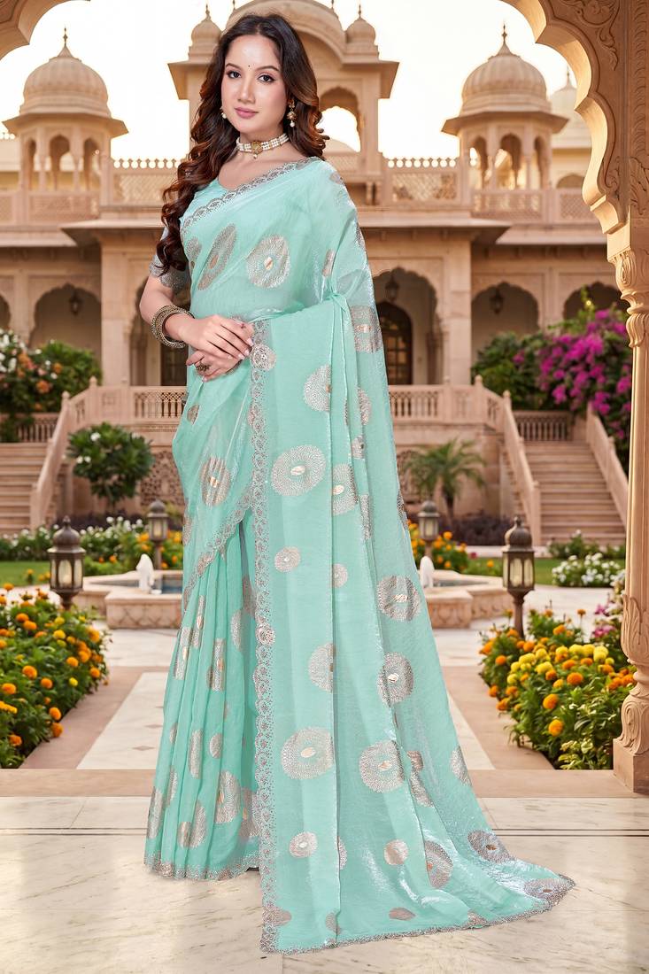 Sequin embroidered work satin foil printed sky blue  saree