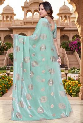 Sequin embroidered work satin foil printed sky blue  saree 3