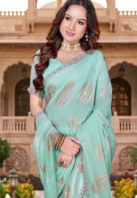Sequin embroidered work satin foil printed sky blue  saree 4
