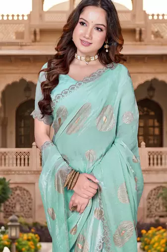 Sequin embroidered work satin foil printed sky blue  saree