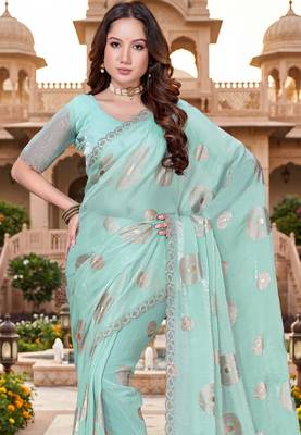 Sequin embroidered work satin foil printed sky blue  saree 5