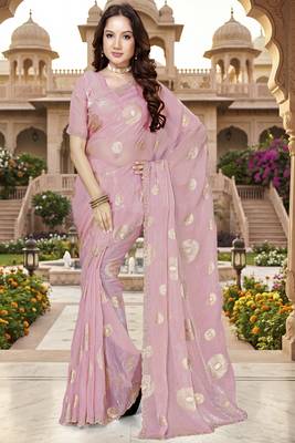 Sequin embroidered work satin foil printed pink saree 1