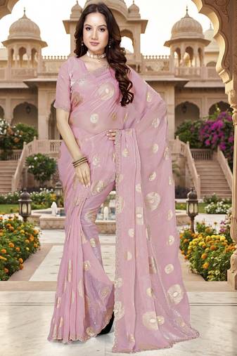 Sequin embroidered work satin foil printed pink saree