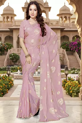 Sequin embroidered work satin foil printed pink saree