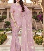 Sequin embroidered work satin foil printed pink saree