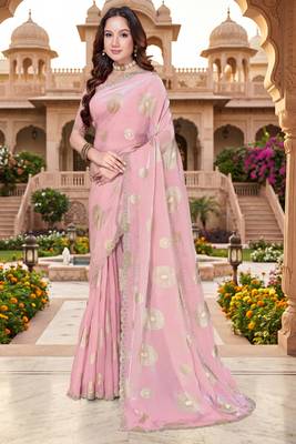 Sequin embroidered work satin foil printed pink saree 2