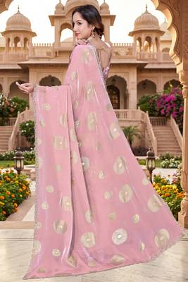 Sequin embroidered work satin foil printed pink saree 3
