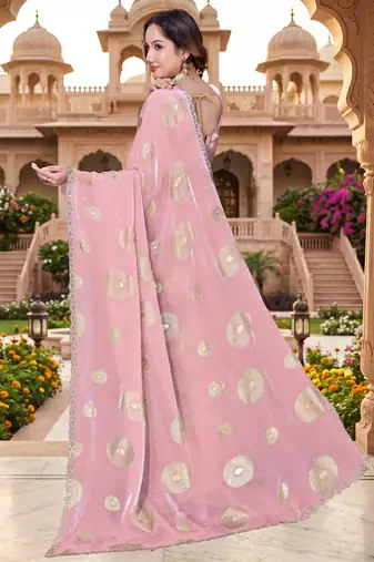 Sequin embroidered work satin foil printed pink saree