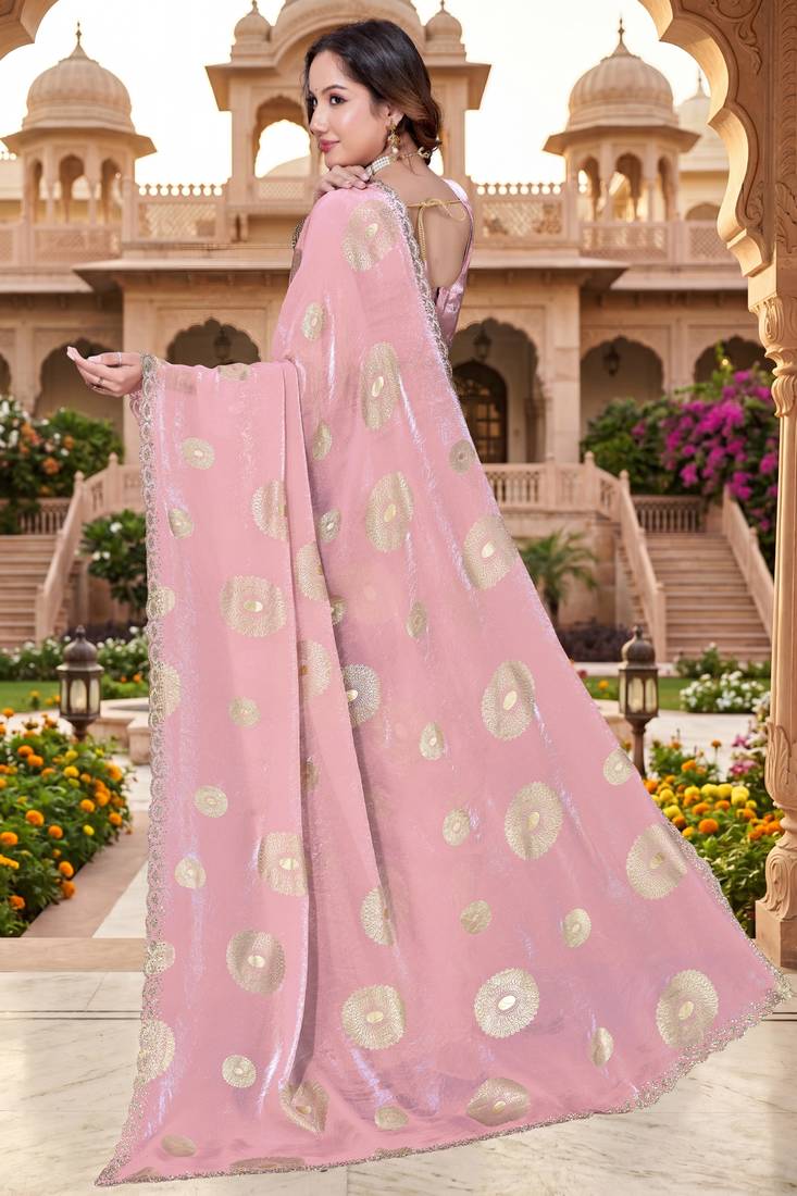 Sequin embroidered work satin foil printed pink saree
