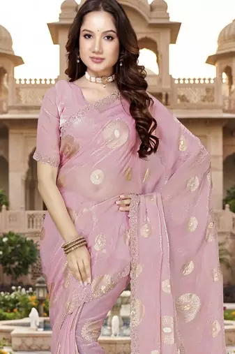 Sequin embroidered work satin foil printed pink saree