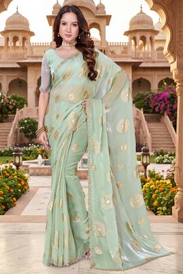 Sequin embroidered work satin foil printed green saree 1