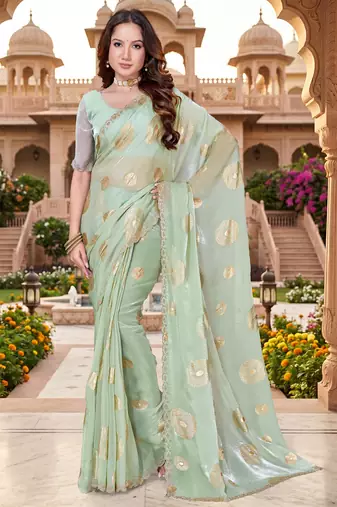 Sequin embroidered work satin foil printed green saree