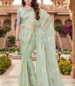 Sequin embroidered work satin foil printed green saree