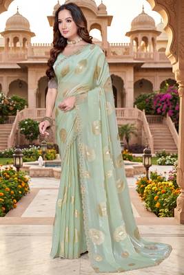 Sequin embroidered work satin foil printed green saree 2