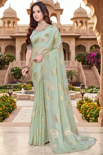 Sequin embroidered work satin foil printed green saree