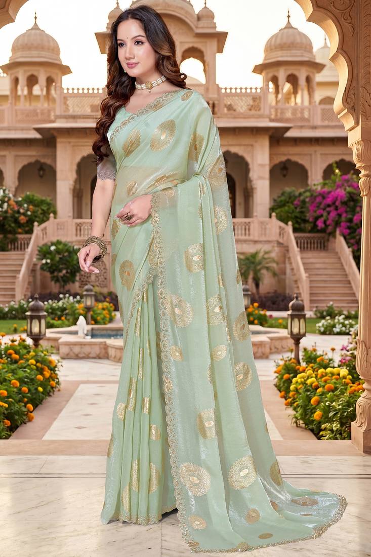 Sequin embroidered work satin foil printed green saree